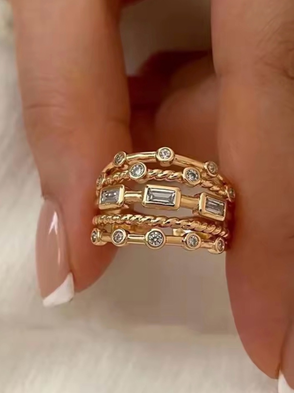 18K Gold Plated Multi Row Statement Ring CZ Baguette Wide Band Modern Luxe